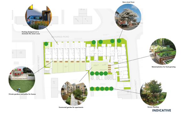 Plan showing what outiside spaces could look like including trees and shrubs
