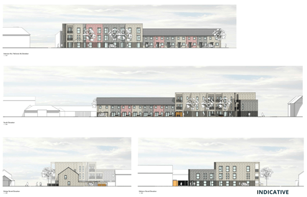 buildings with two and three floors. Terraced. line drawings