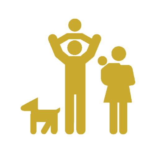 icon inlcuding dog adult with child on shoulders and adul with child in arms