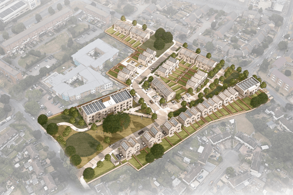 computer generated image showing what the development could look like. Semi-detached and terraced houses with gardens, a 3 storey block of flats and two public green spaces with trees