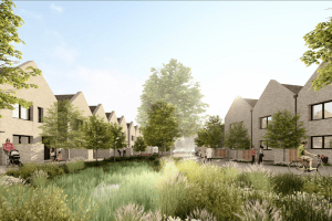 A mock image of the new proposed Monkscroft site showing affordable housing surrounded by trees and vegetation.